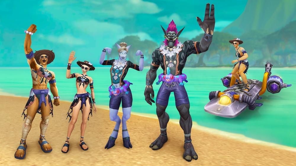 Promo image for the Tropical Wave Pack, depicting 4 characters standing on a beach (male human, female blood elf, female draenei, and male troll) dressed in various black and purple beach gear, with a female human in the water standing on a Kickin&apo; Kezan Waveshredder hoverboard mount - a grey metal board with a checkerboard pattern on top, and back and purple jet engines trapped to the back.